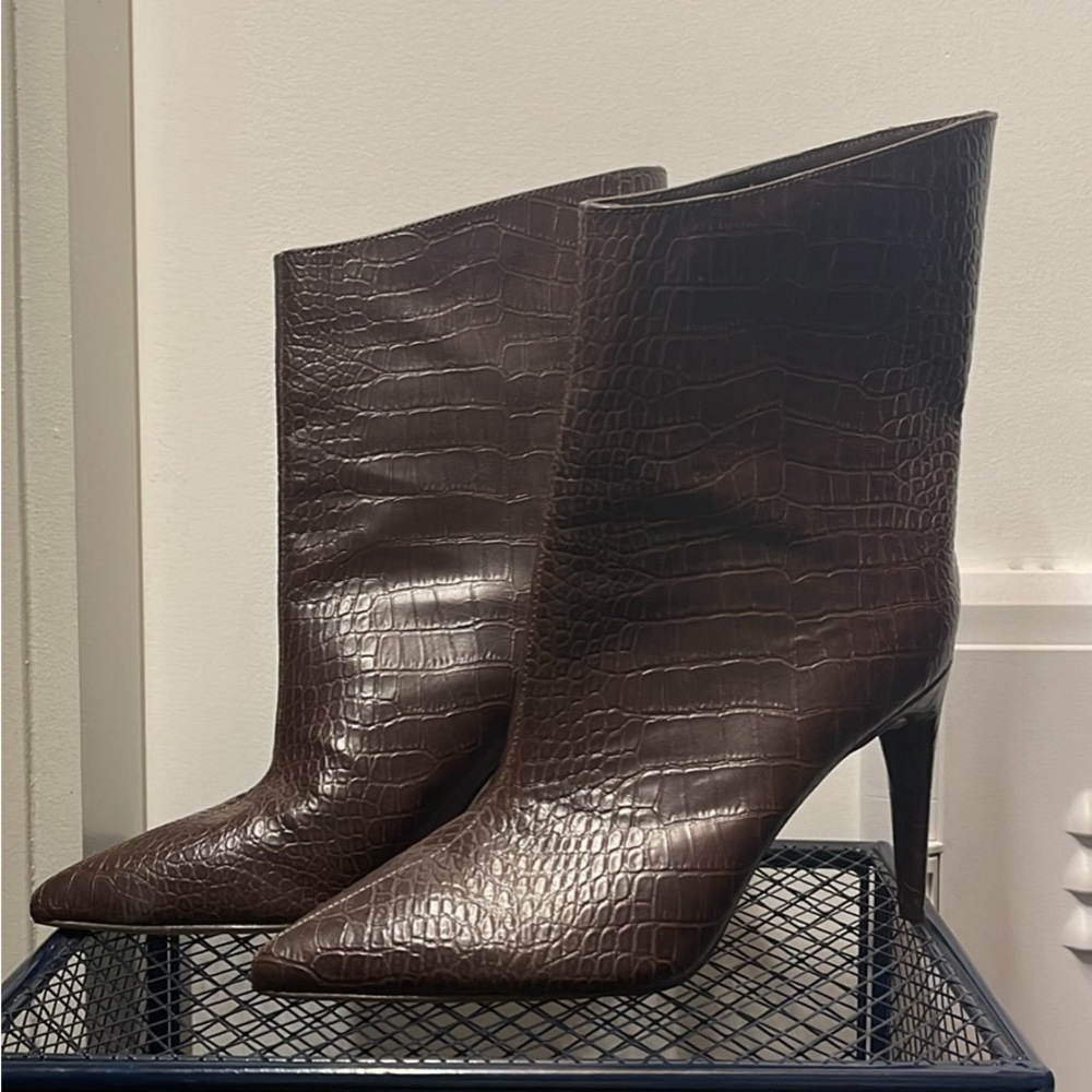 Express Croc Brown Heeled Booties